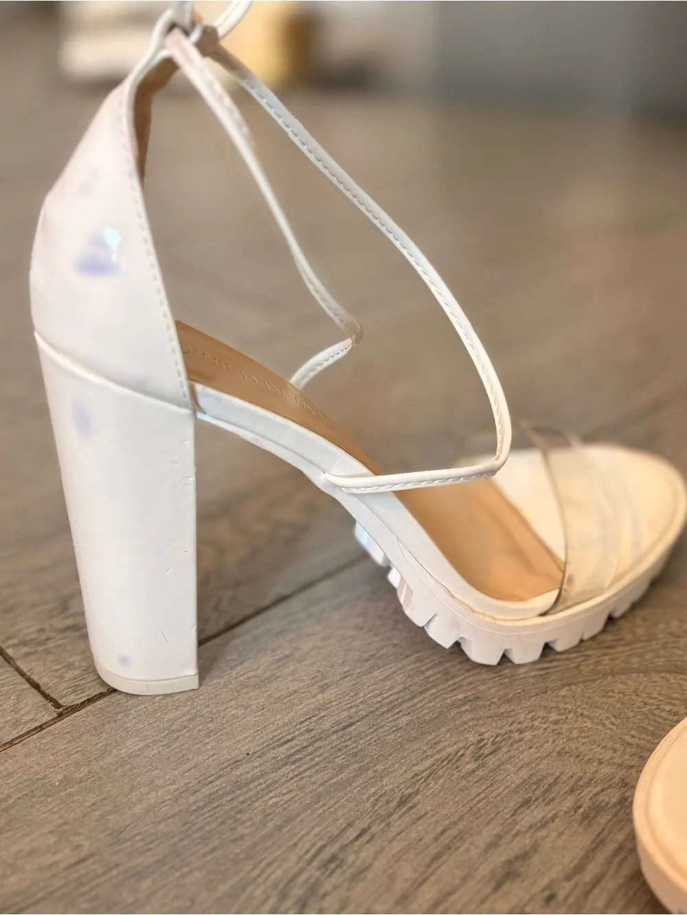 Sexy White Lace-Up Clear Strap Block Heel Sandals - Women Size 8